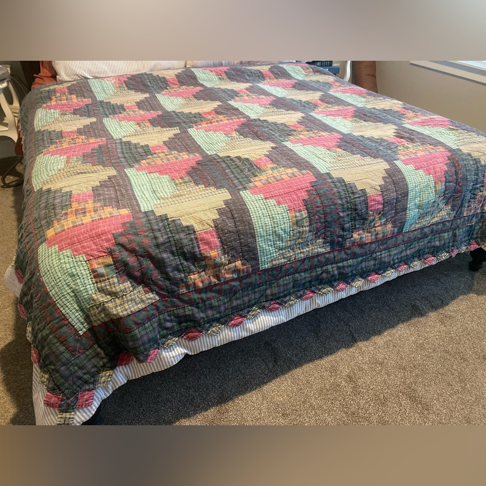 Handcrafted Patchwork Quilt in Pink, Mint & Blues Squared edge 81”/85” Approx.